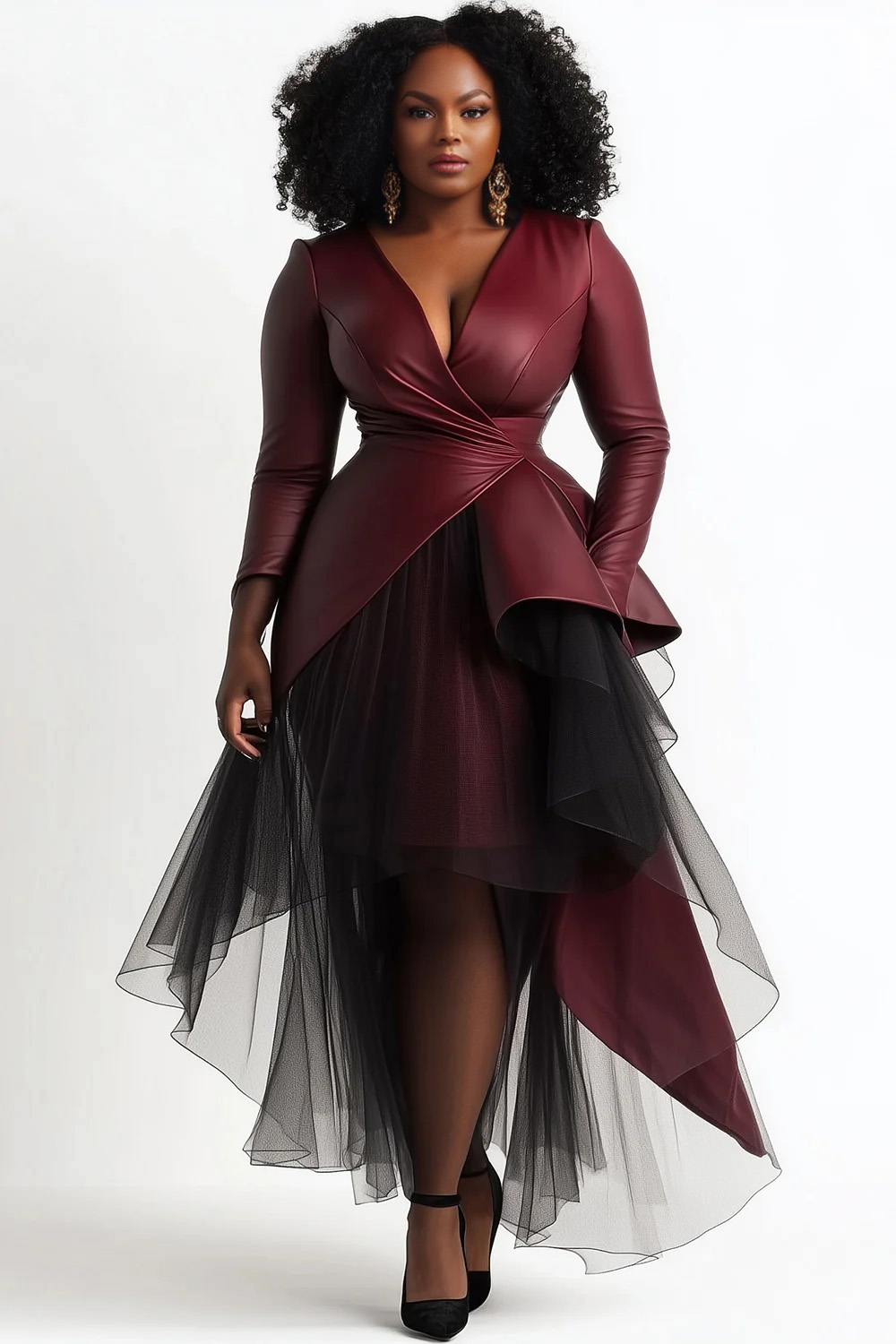 Vestidos midi de talla grande para fiesta de cóctel, color burdeos, cuello envolvente, manga larga, dobladillo asimétrico, tul en contraste, cuero PU