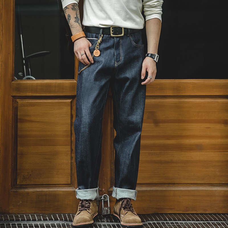 Maden, pantalones de Otoño Invierno para hombre, pantalones vaqueros Vintage de mezclilla con orejas rojas, pantalones vaqueros de tubo rectos de vaca originales, pantalones largos para levantar ganado