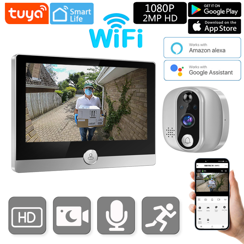 Tuya-timbre de puerta con cámara de vídeo inteligente, WiFi, 1080P, mirilla, IP, con pantalla de 4,3 pulgadas, funciona con Alexa y Google Home