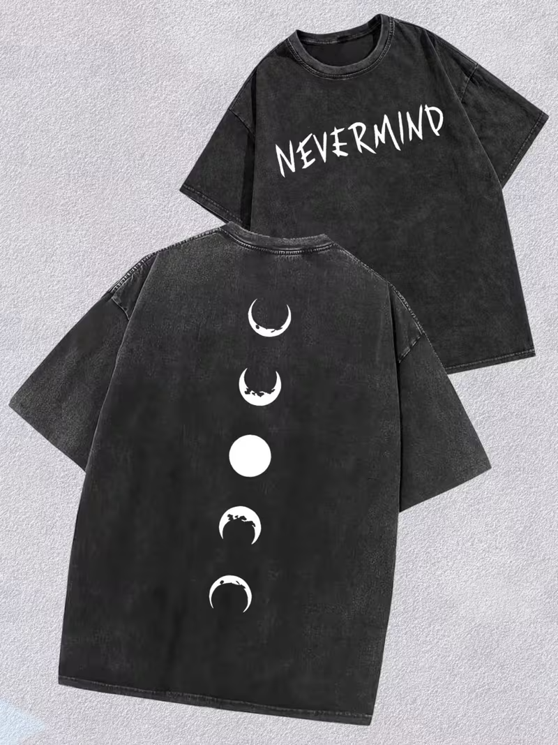 T-shirt délavé Vintage avec texte NEVERMIND, Phases de soleil et de lune céleste, pour hommes et femmes, Streetwear Y2k, en coton, surdimensionné, été