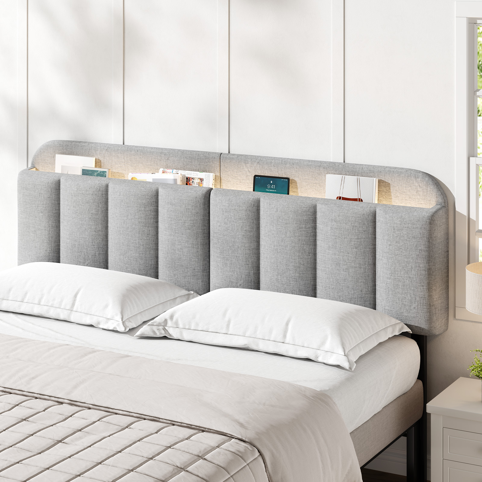 Verstelbaar hoofdeinde voor volledig kingsize bedframe, bedhoofdeinde van linnenstof en RGB LED-licht in verticaal kanaalontwerp