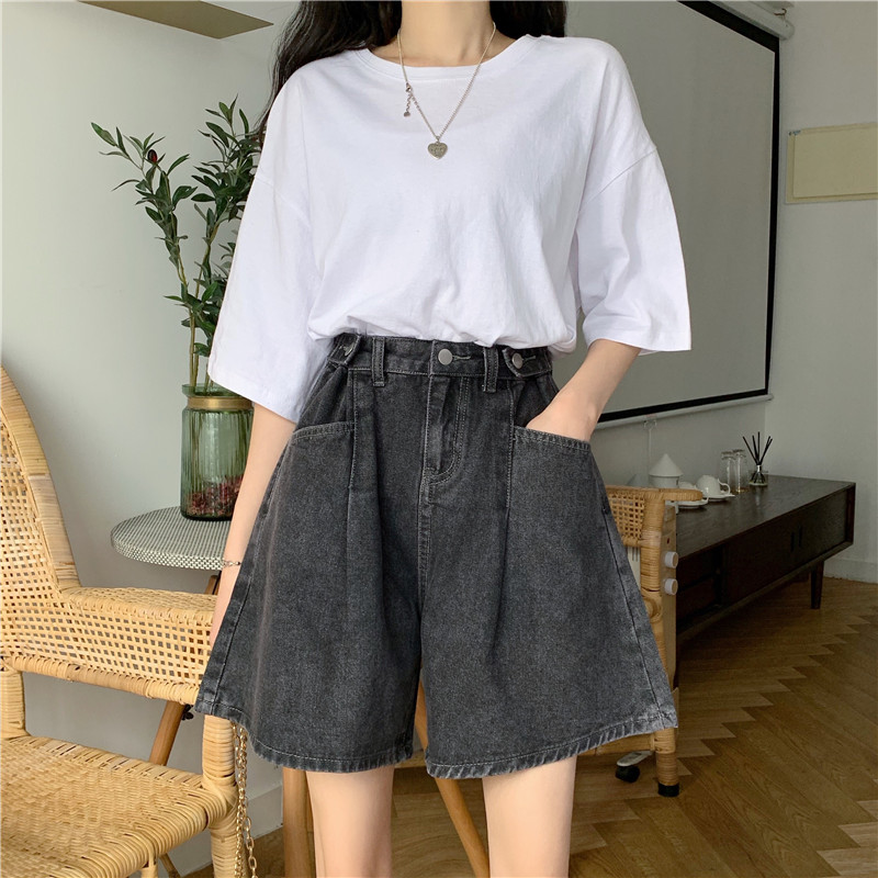 High Waist Loose Fit Five-Quarter Denim orts Women's Design Sensation  A-Line Wide Leg orts Summer Season Deep Color