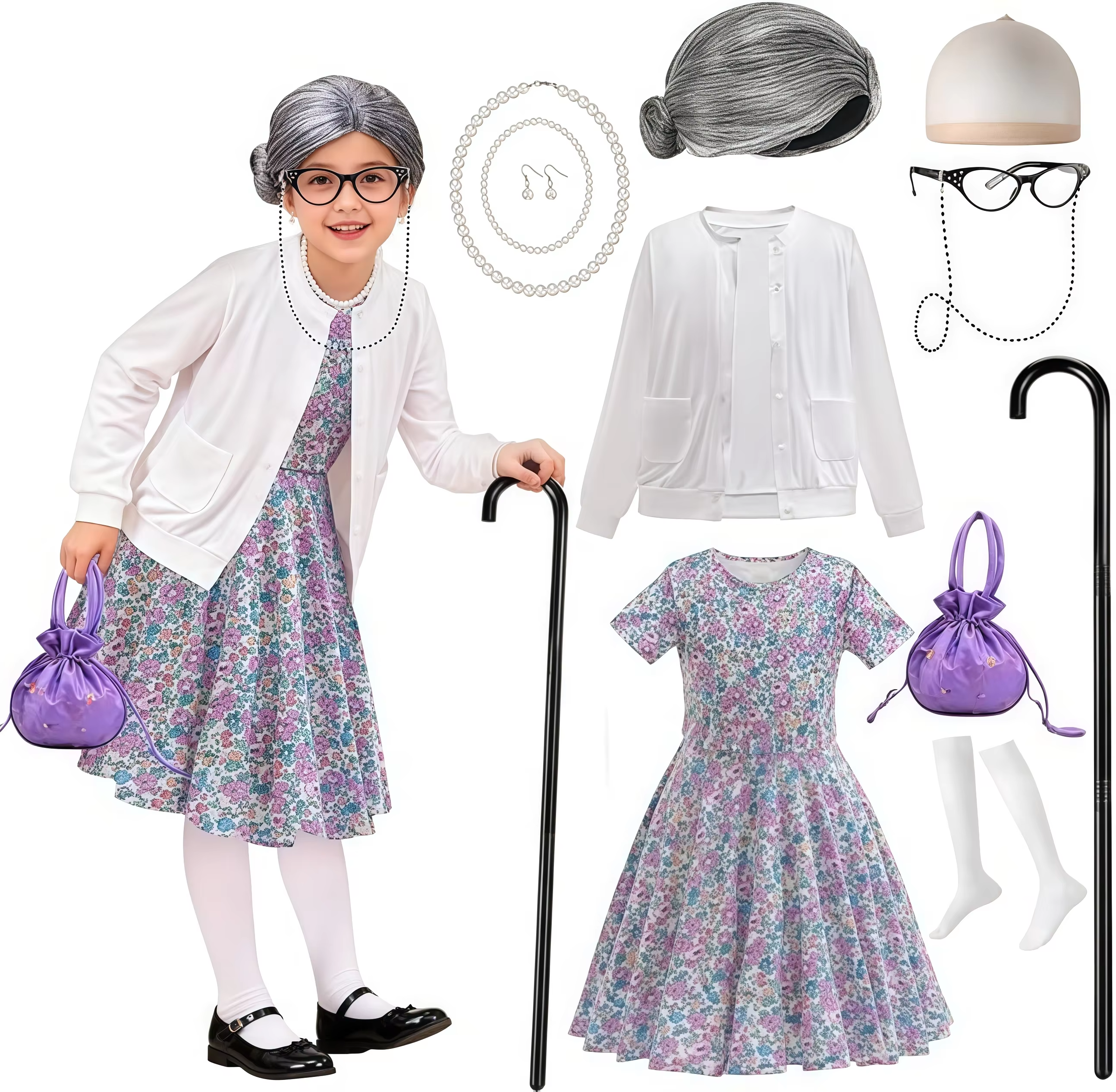 Meisje 100 Dagen School Oma Kostuum Set Voor 3-12yr Meisjes Oude Vrouwen Kostuum En Accessoires Carnaval Dress Up Fancy Outfit