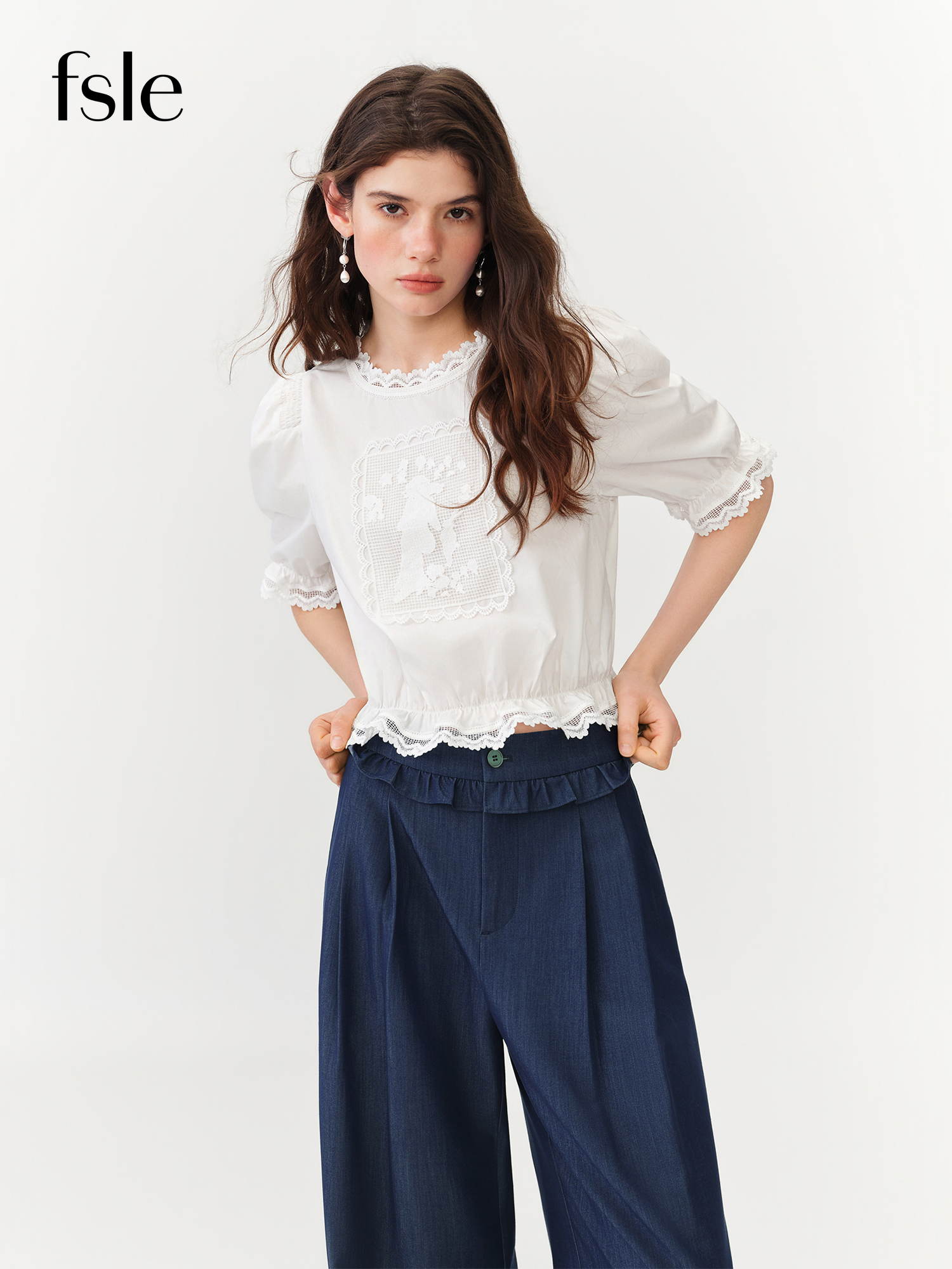 FSLE Franse retro blouse met korte mouwen en ronde hals voor dames zomer elegant ins chic cropped tops katoen wit