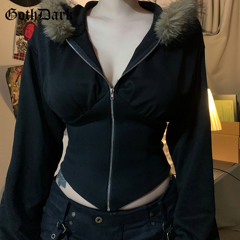 Goth escuro outono inverno gola de pele do falso sólido casacos com capuz feminino casual cintura fina zip hoodies jaquetas góticas chique streetwear