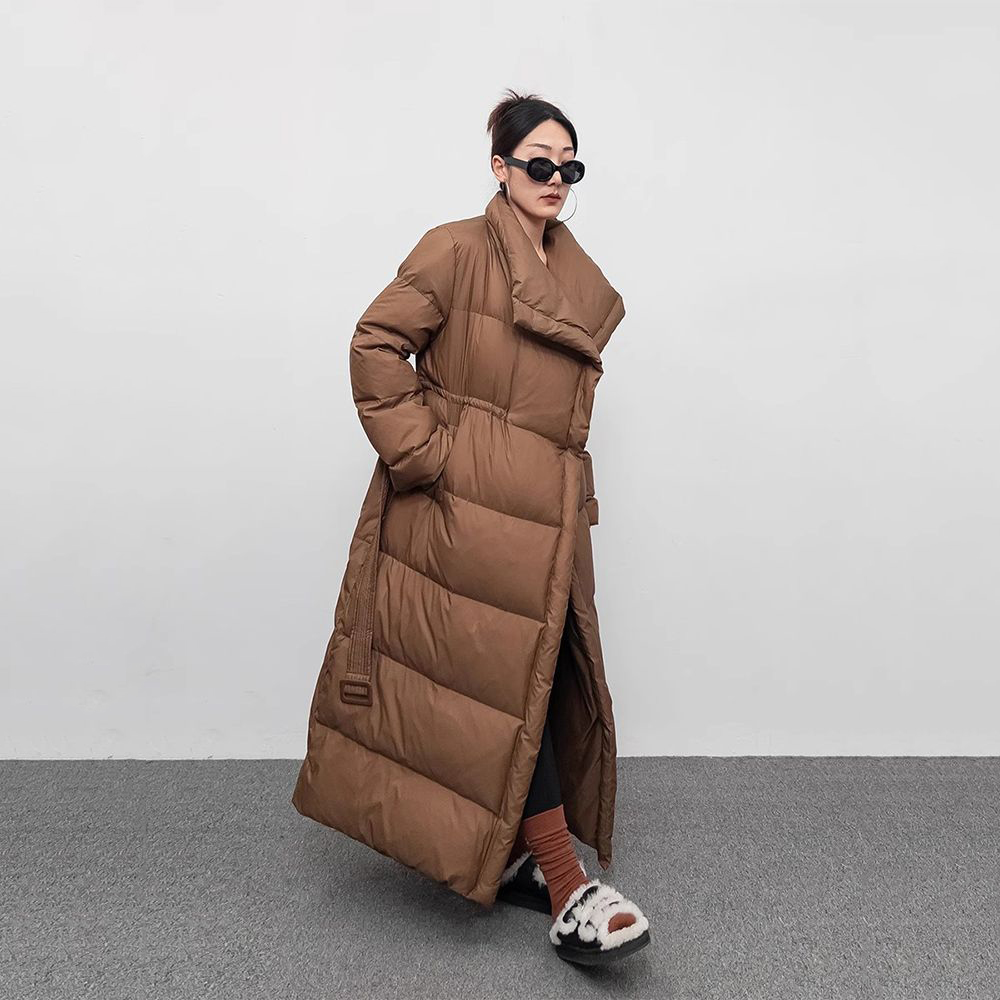 Chaqueta larga de invierno con solapa grande para mujer, abrigo de plumón de pato blanco 90, chaqueta de edredón de algodón holgada hasta la rodilla, abrigo cálido