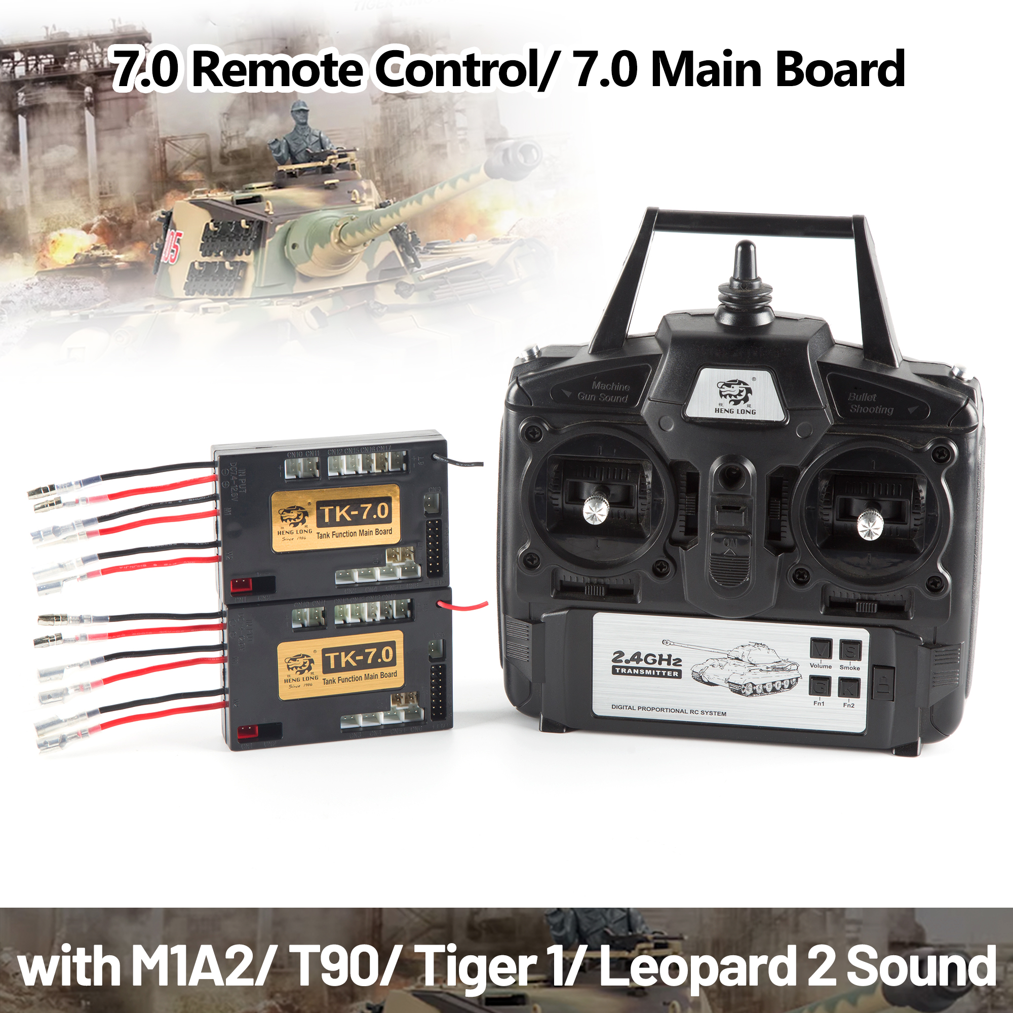 Accessorio serbatoio HENG LONG 2.4GHz 7.0 Telecomandi Trasmettitore 7.0 Ricevitore scheda principale con suono M1A2/T90/Tiger 1/Leopard 2