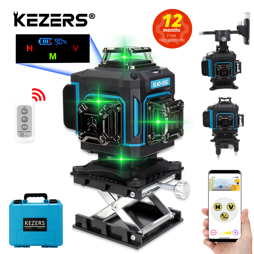 KEZERS Wyświetlacz Zielony poziom lasera 16 linii 4D 360 KL4D-03G 1PC 4000mAh Akumulator litowo-jonowy лазерный уровень Zdalnie sterowana walizka