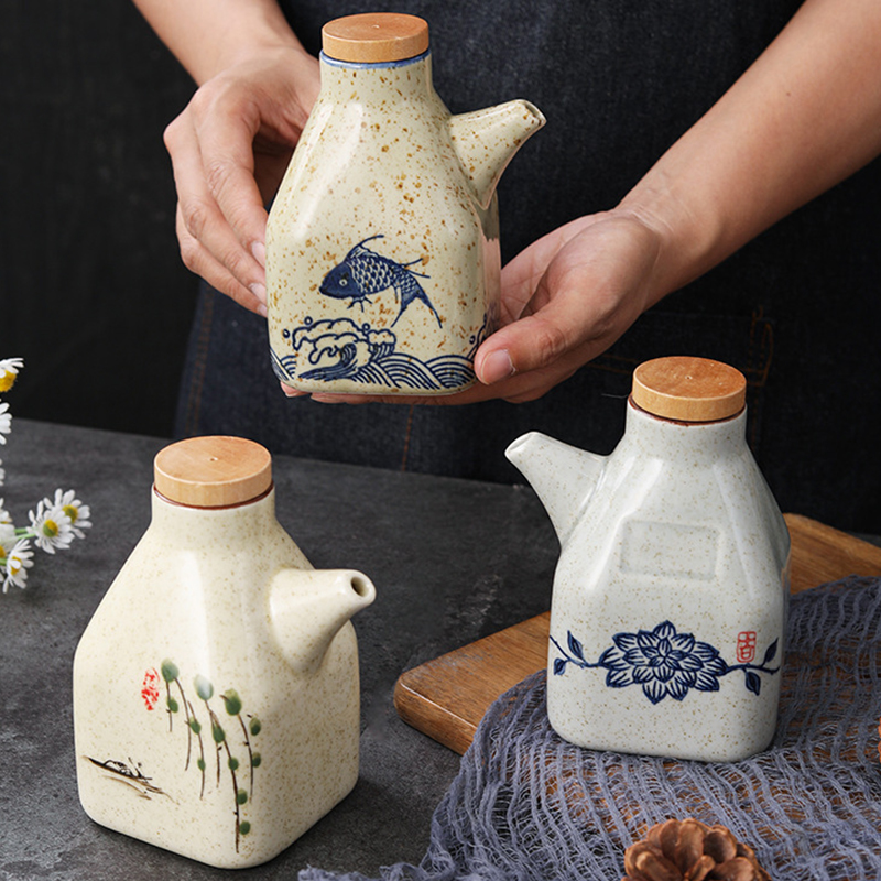Dispensador de aceite de oliva de cerámica de estilo japonés, olla de salsa de soja, olla pequeña de vinagre, tarro de salsa, botella de aceite, vajilla, botella de condimento, 350ML