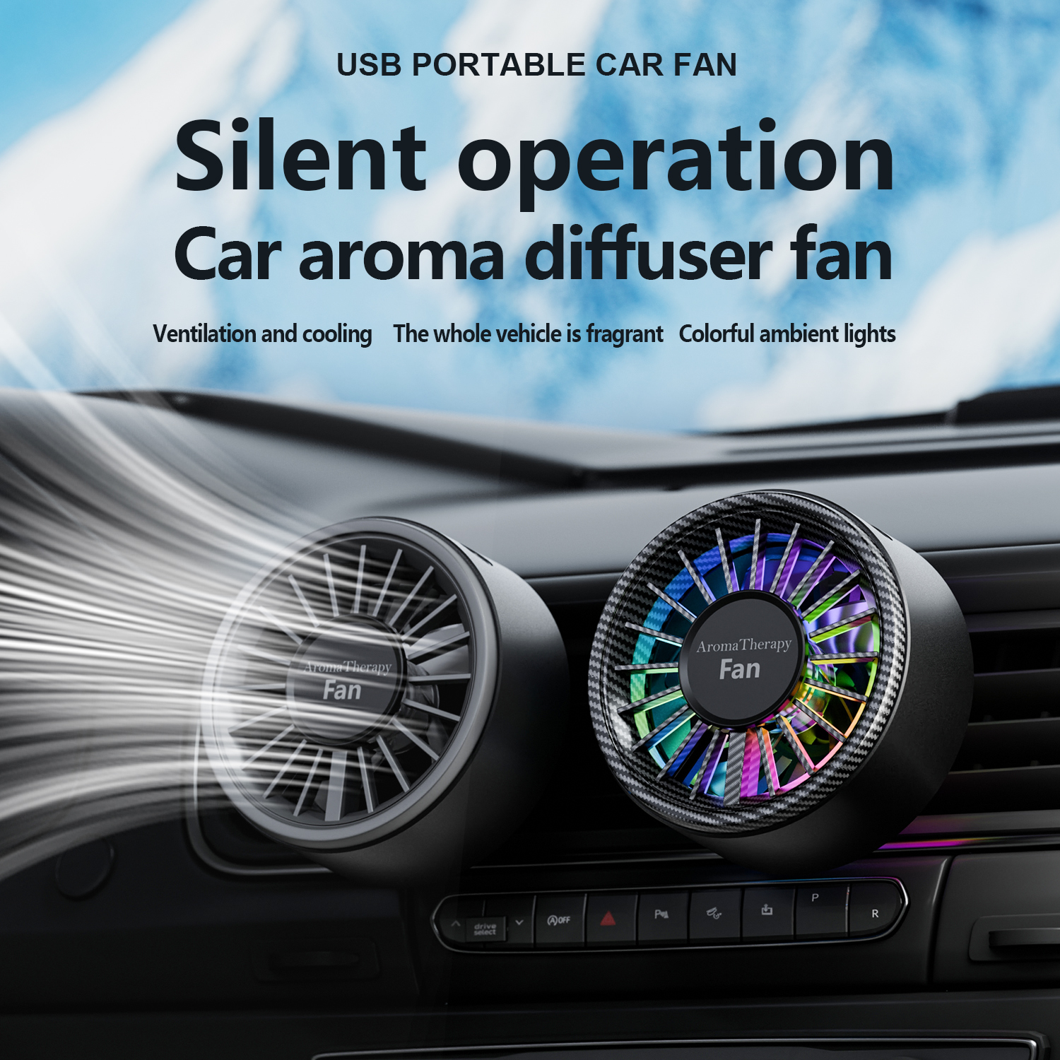 Ventilatore per Auto con Aromaterapia, Ventilatore a Clip ad Alta Potenza, Possibilità di Aggiungere Oli Essenziali, Mini Ventilatore USB, Accessori per Auto, Regalo