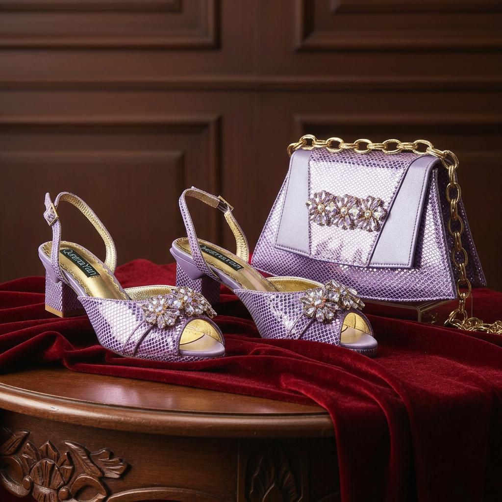 Sepatu Hak Tinggi Wanita Model Peep Toe Warna Lilac Elegan 2026 dengan Aksen Berlian - Desain Italia Set Sepatu dan Tas Senada untuk Pesta