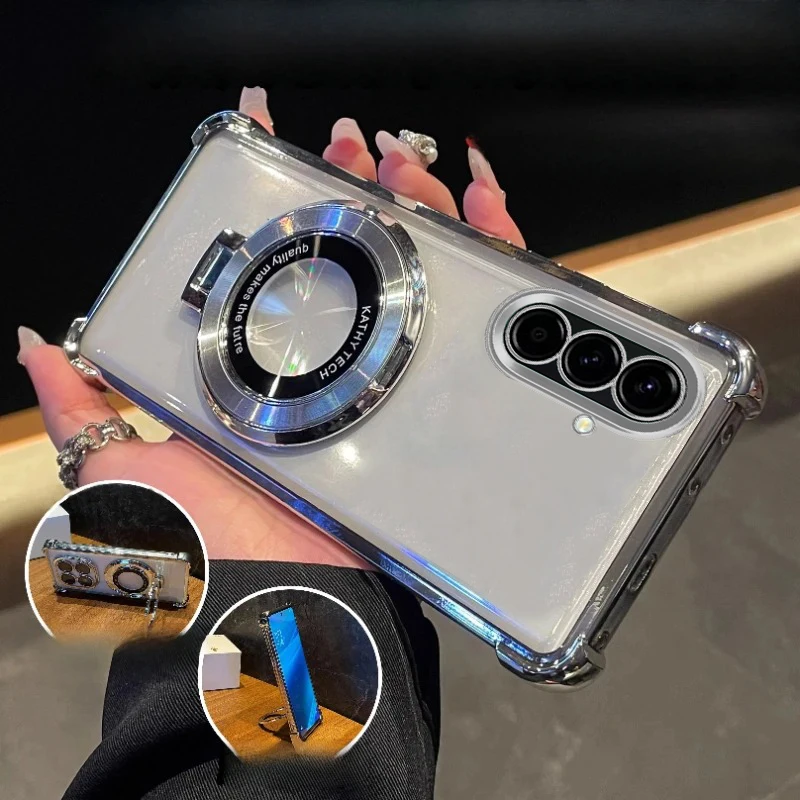 Voor Samsung A36 Magnetische Standhouder Case Voor Galaxy A16 A26 A56 A07 A17 A35 Plating Transparante Zachte Siliconen Shockproof Cover