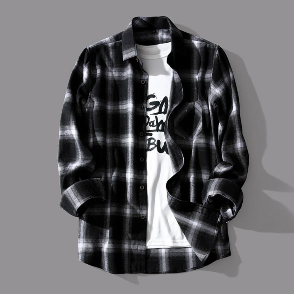 Schwarz Weiß Karierte Hemden Männer Kariertes Hemd Mantel Langarmhemden Männliche Casual Jugendjacke Dünner Mantel Langarm Knöpfe Hemden
