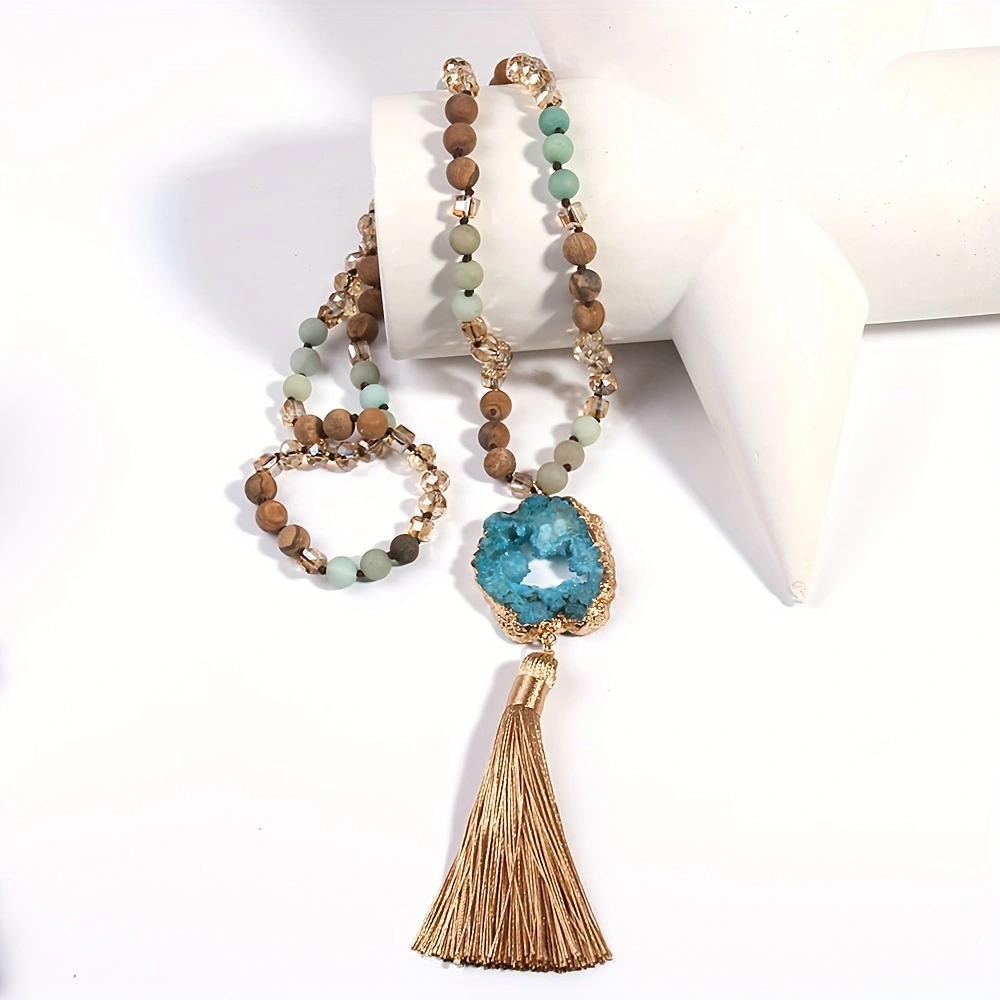 Moda boêmia jóias pedras semipreciosas atadas drusa pedra links borla colares para mulheres boho colar