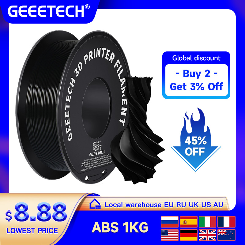 Geeetech ABS + Filamento 3D 1,75 mm 1KG material de impressora 3D de plástico, sem emaranhados, não tóxico, embalagem a vácuo branco preto vermelho azul