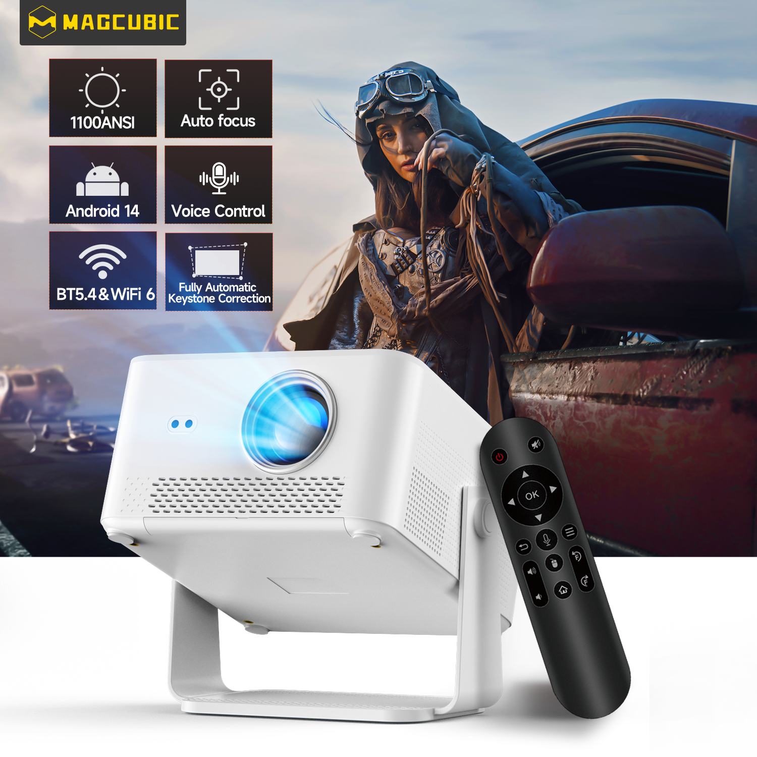 Magcubic HY450MAX 1100ANSI Android 14 Proyector portátil para exteriores 1080P Enfoque automático 8K Soporte WIFI6 Mini proyector de haz