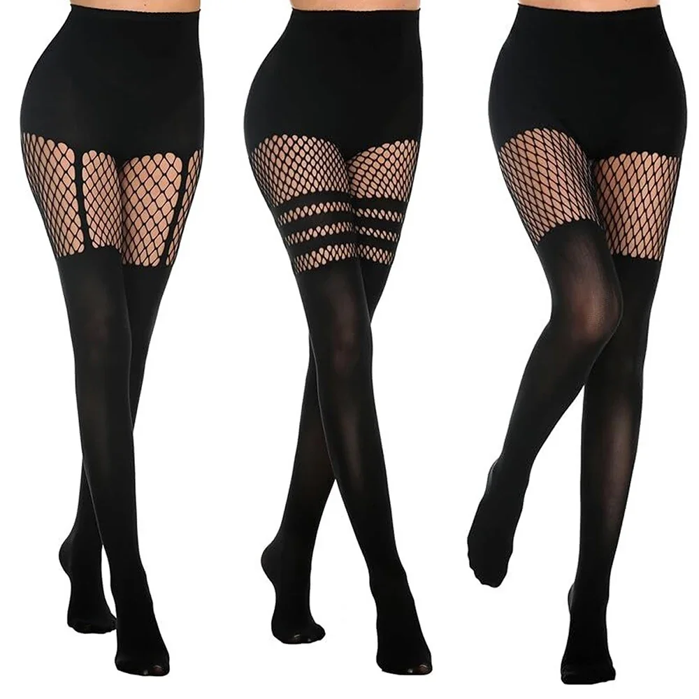 Collants noirs ajourés à bretelles, bas en résille pour femmes, collants de discothèque, danse, filet de pêche Sexy, chaussettes pour filles