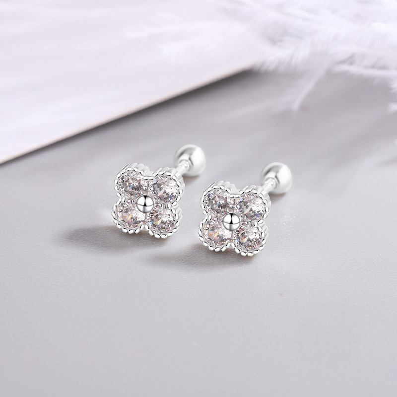 Pendientes de tuerca pequeños de Plata de Ley 925 con cuatro circonitas redondas para mujer, accesorios de joyería fina elegantes de lujo