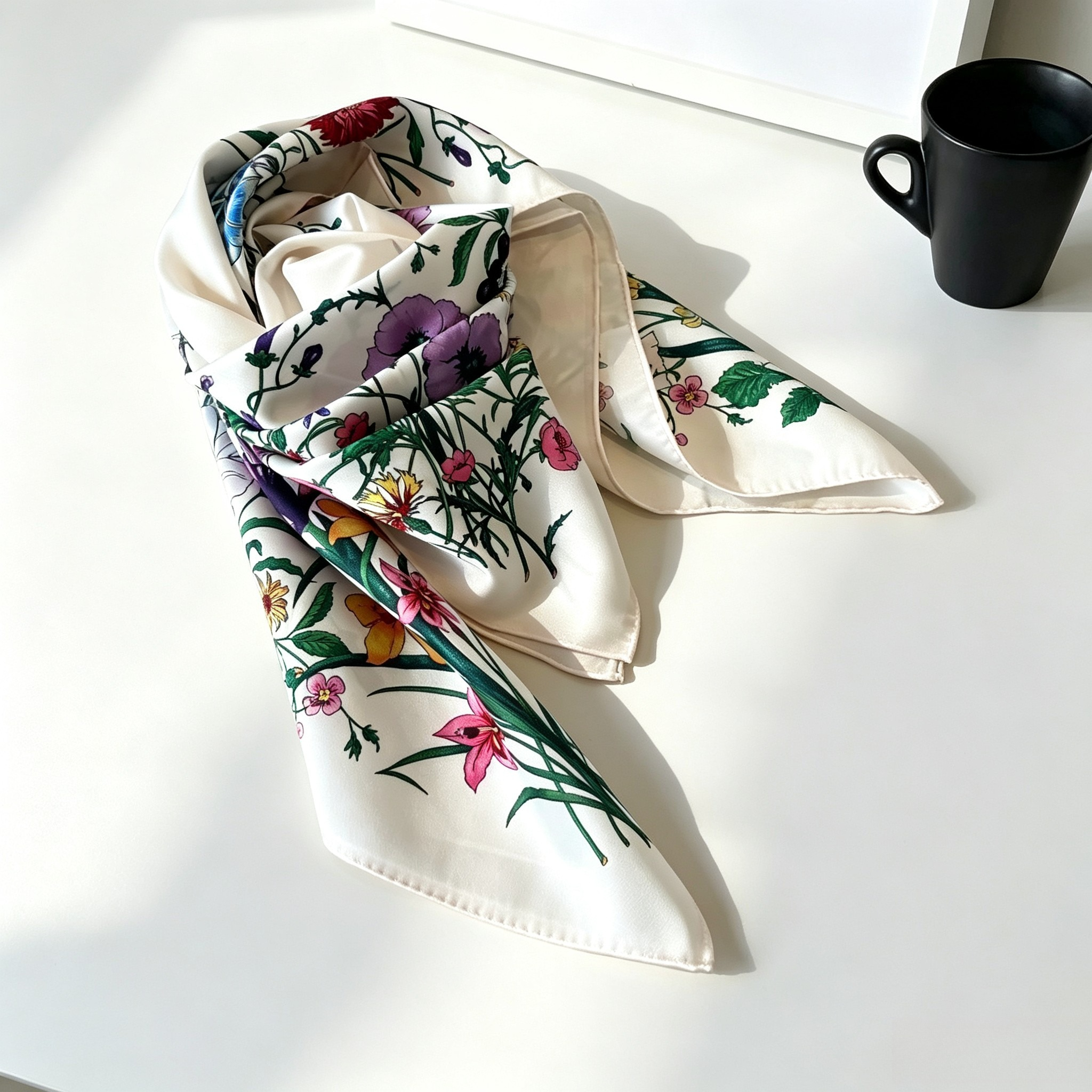 Pañuelo de Seda de Lujo para Mujer, Elegante Pañuelo Cuadrado Grande con Estampado Vintage, Chal de Seda Floral, Accesorio para el Cuello, Regalo Festivo, 90x90cm