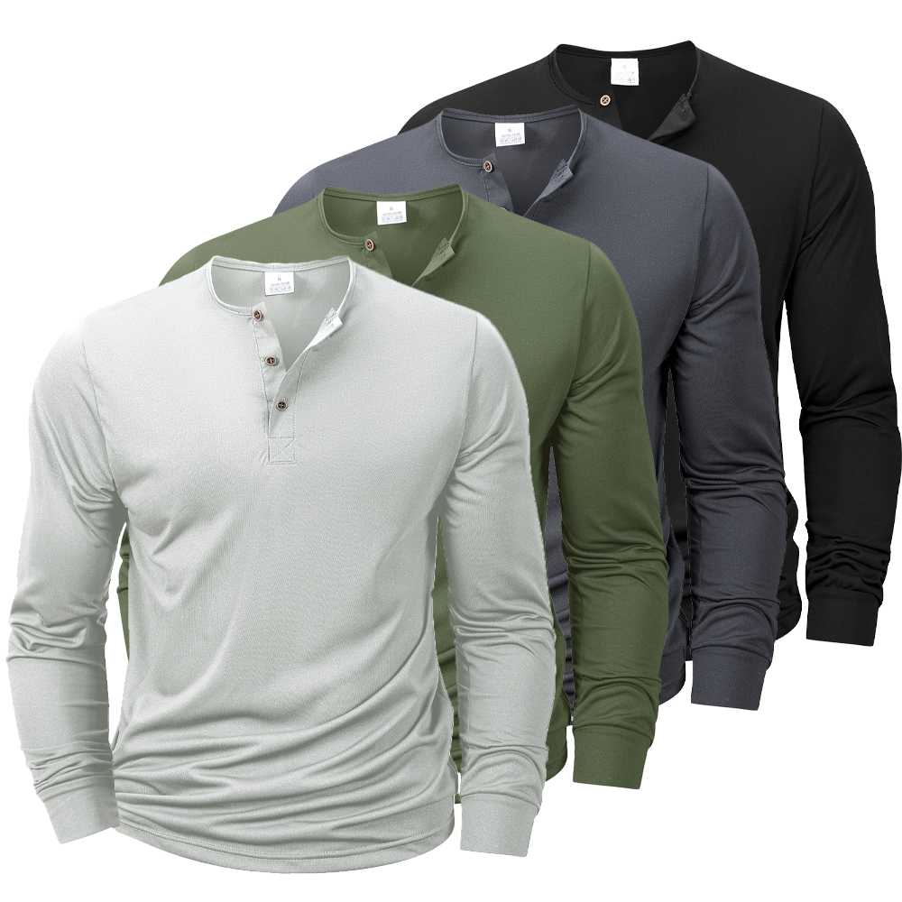 ผู้ชายใหม่ Henley เสื้อยืดแขนยาว Basic Casual Band COLLAR เสื้อ T นุ่มสบายเสื้อชาย TEE