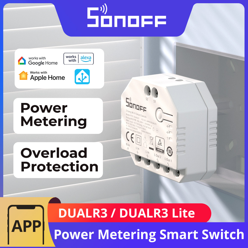 Módulo de Relé Duplo SONOFF DUALR3 / DUALR3 Lite 2 Gangue, Interruptor Inteligente MINI Wi-Fi DIY com Medição de Energia via eWeLink, Alexa e Google
