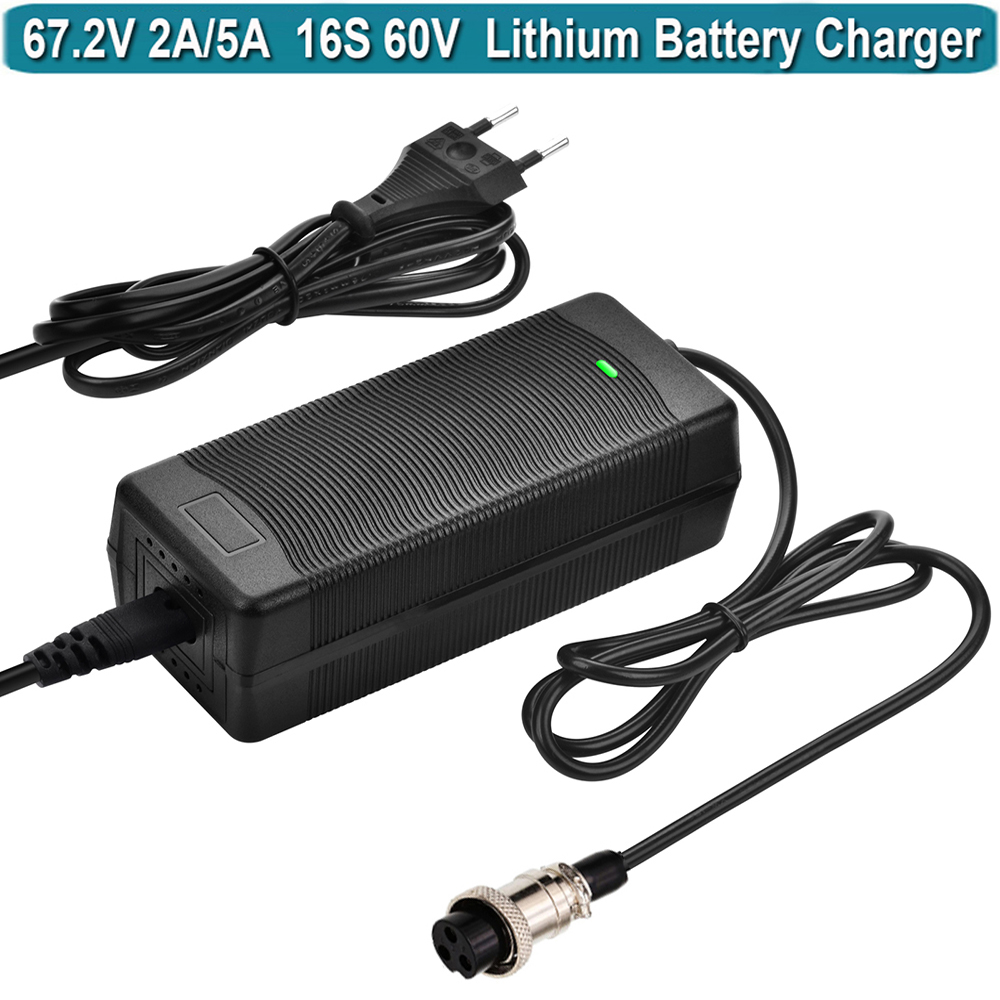 67.2V 2A Charger 16S Li-ion Battery 110V-240V 60V Charger Output 2A for 60V Lithium Health Care 59.2V GX16 3-Prong Plug Jack