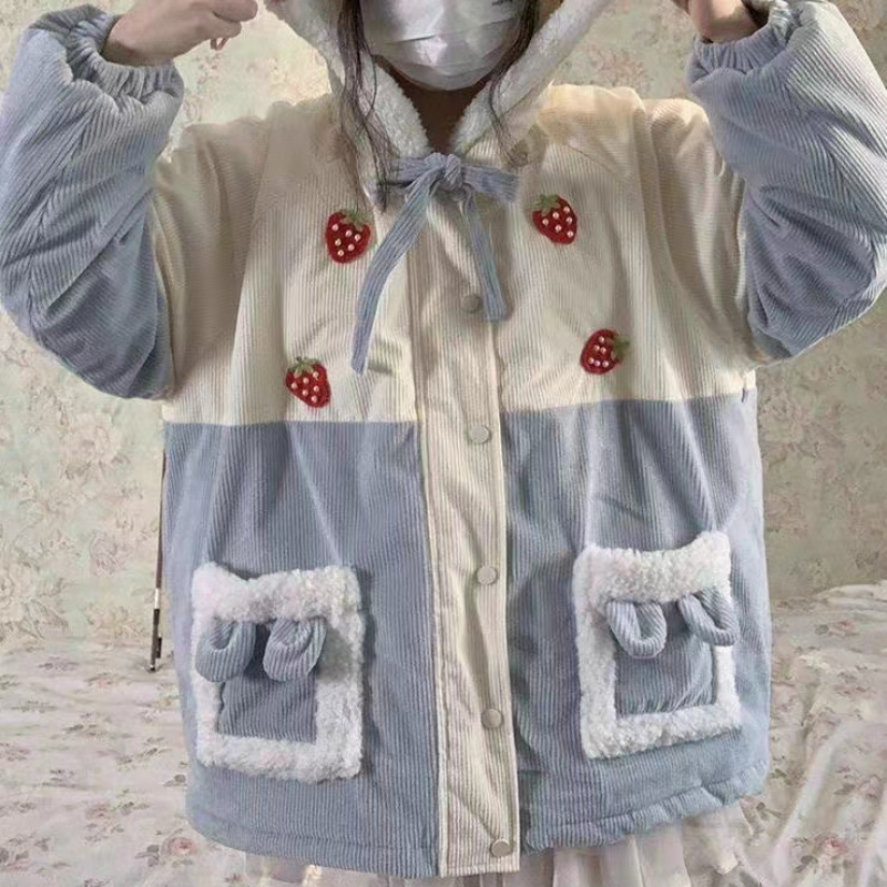 Японская Милая Вельветовая парка, Женская куртка Kawaii Y2k с вышивкой клубники, верхняя одежда с капюшоном, женское плюшевое теплое пальто на осень и зиму