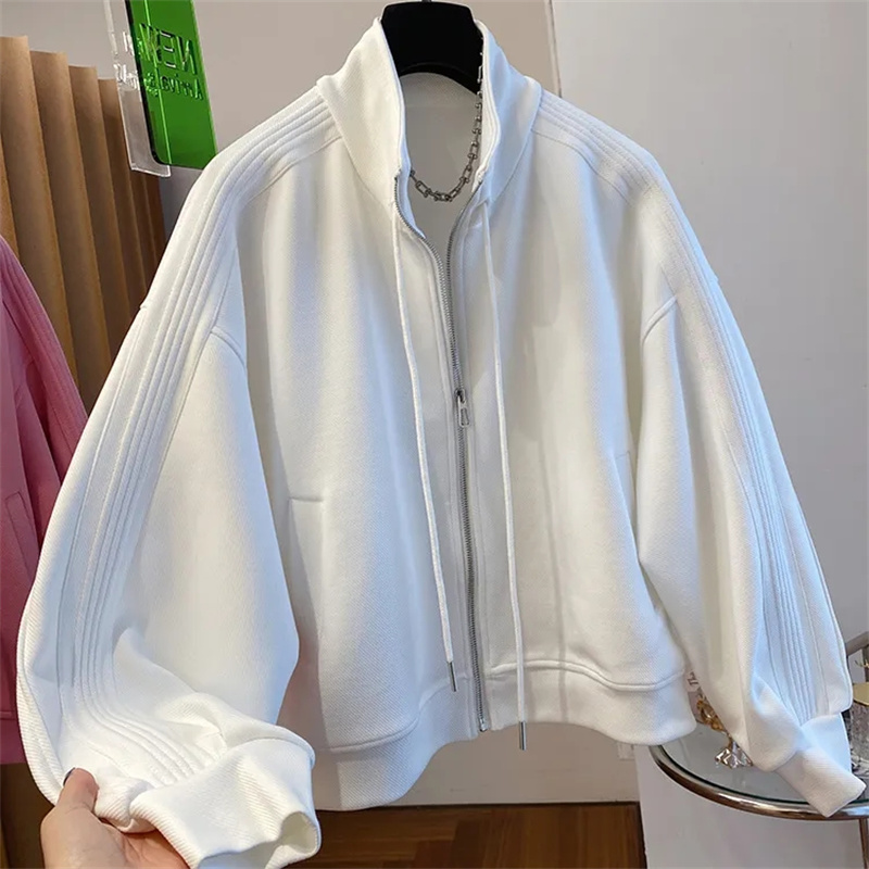2023 Three Bar Design Feeling Small Loose Casual Standing Collar Sports Style Sweate Cardigan Coat Women's Spring Wear Short Top
