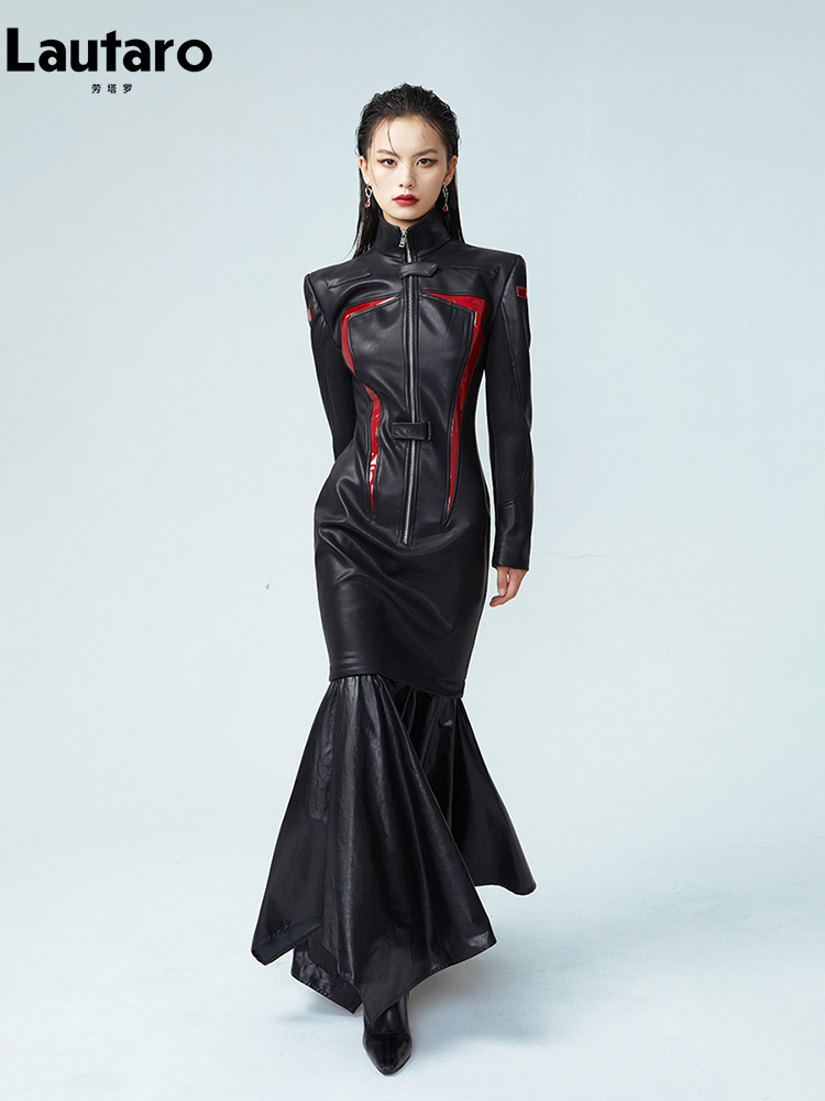 Lautaro Frühling Herbst Cool Red und Schwarz Patchwork Kunstleder Maxikleid Damen mit abnehmbarem Saum Luxus Designer Kleidung