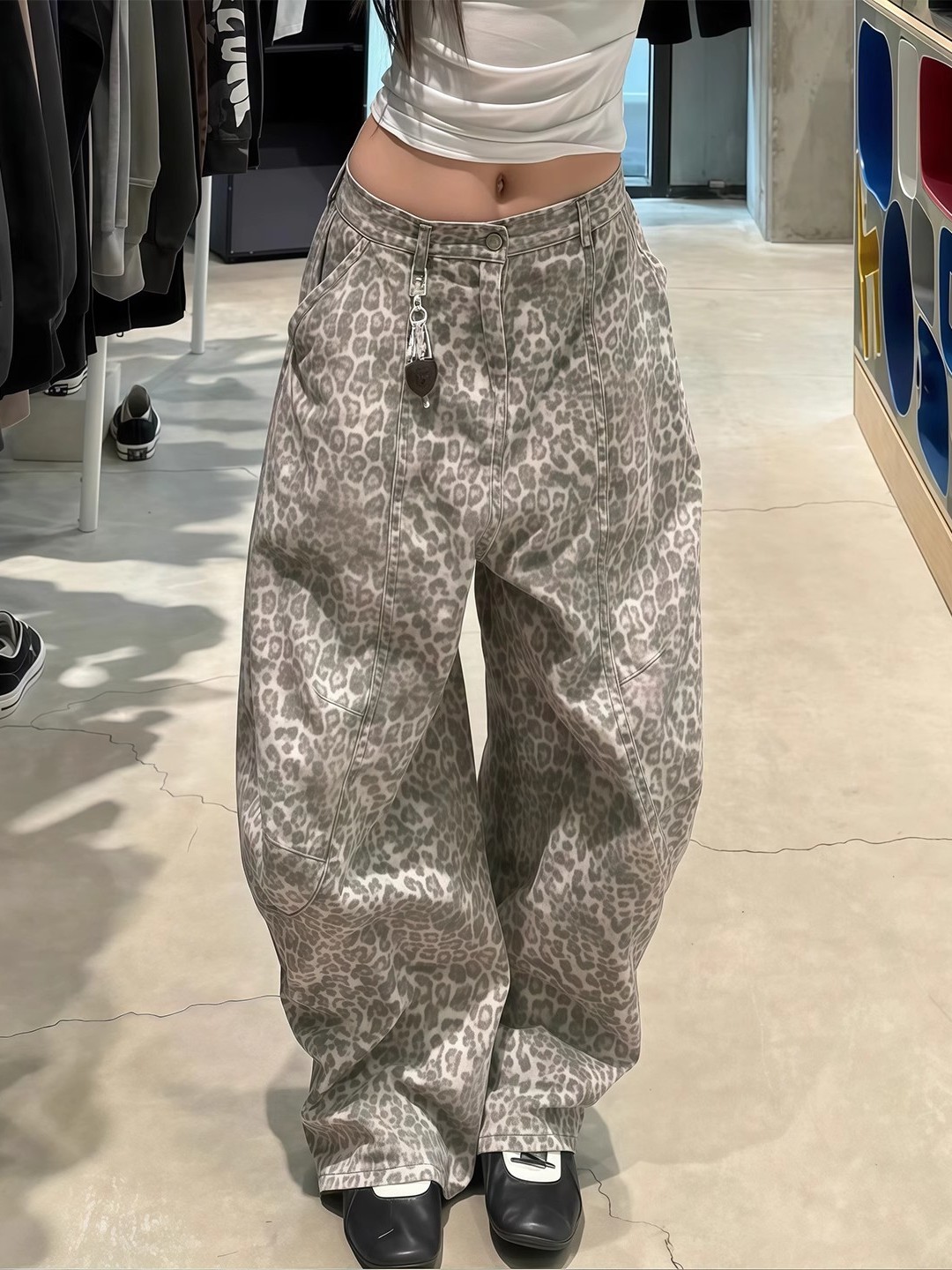 American Retro Leopard Print Wide Leg Jeans Women Early Autumn Spicy ape Loose Lazy Loose Knee-Length Pants High Waist