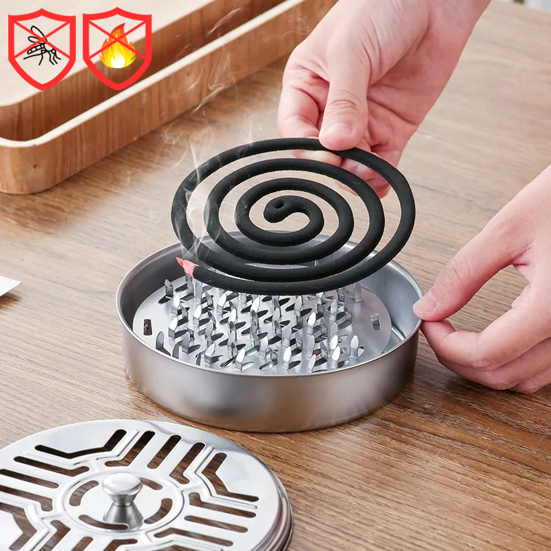 Soporte para bobinas de mosquitos, caja de bobina para mosquitos de acero inoxidable con cubierta, bandeja redonda para bobina de mosquitos, suministros antimosquitos fáciles de limpiar