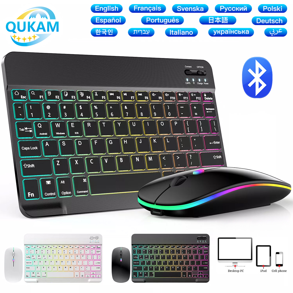 2026 Keyboard dan Mouse Bluetooth Ultra-Tipis dengan Lampu Latar Baru untuk iPad Xiaomi Samsung Tablet Ponsel Keyboard Nirkabel Spanyol / Prancis