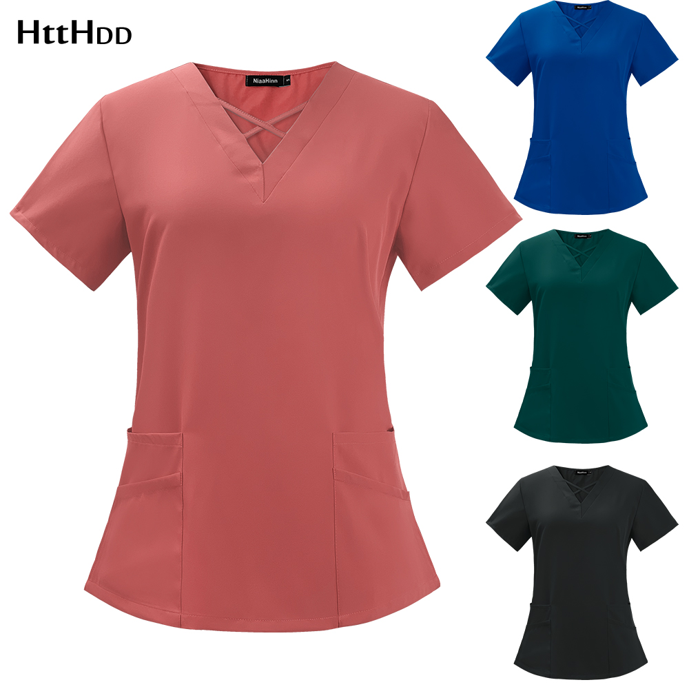 Mode Healthcare Krankenschwester Bluse Krankenschwester Kleidung T-Shirt V Neck Tasche Kurzarm Sommer Top Mitarbeiter Uniform Kleidung Schönheit Salon