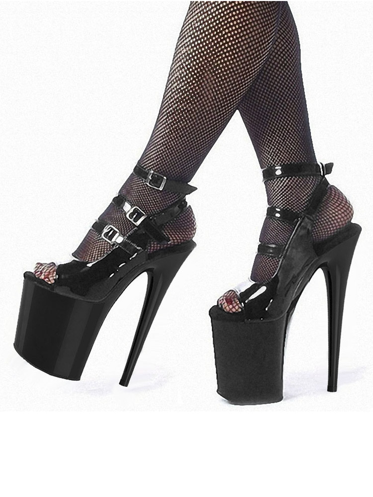 Pole Dance Saltos Stripper Alto para Mulheres, Peep Toe Preto, Fivela de Cinto Gótico, Sandálias Plataforma, Sapatos Sensuais, Exóticos, Tamanho Grande, 20cm