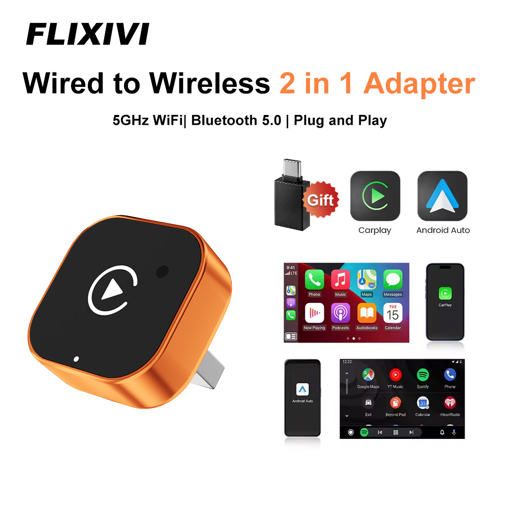 FLIXIVI NUEVO Adaptador Inalámbrico CarPlay 2 en 1, Dongle de Cable a Inalámbrico para Apple y Android, Plug and Play, Accesorio Universal para Automóvil