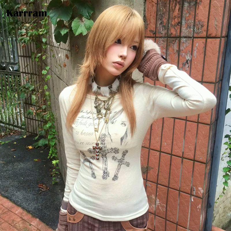 Karrram japonais Y2k Anime imprimé hauts tricotés Vintage Harajuku à manches longues tricot T-shirt 2000s esthétique tricots américain rétro