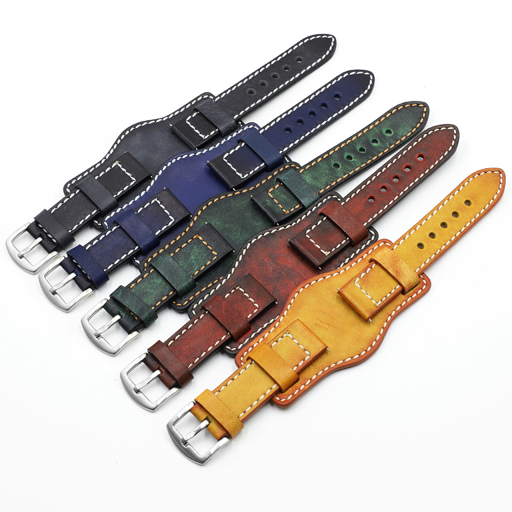Gelang Jam Tangan Pria Buatan Tangan Retro 20Mm 22Mm 24Mm Gelang Jam Tangan Manset Kulit Tali Jam Tangan Warna Kuning Biru Hitam Hijau Merah
