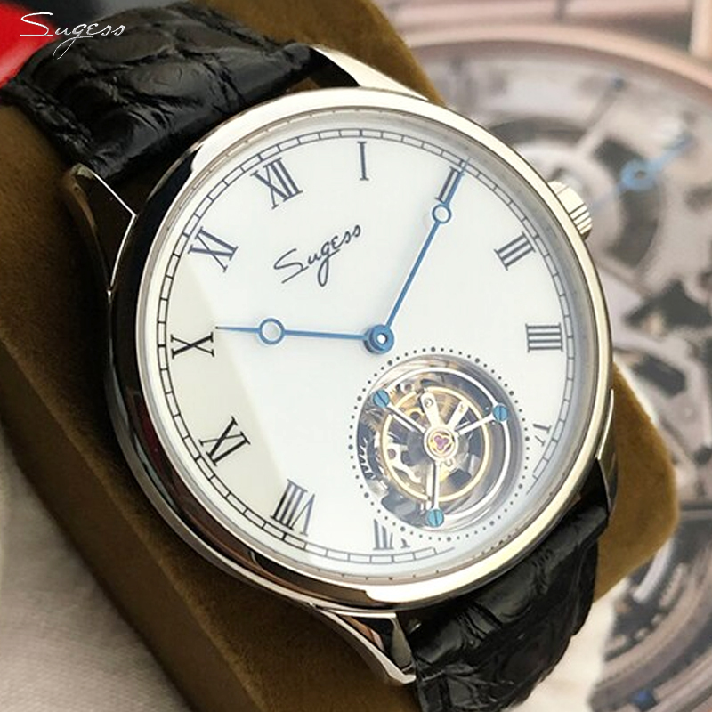 Sugess-mecânico Tourbillon relógio para homens, mão enrolamento, couro de jacaré, esmalte antigo mostrador cerâmico, movimento original, ST8230