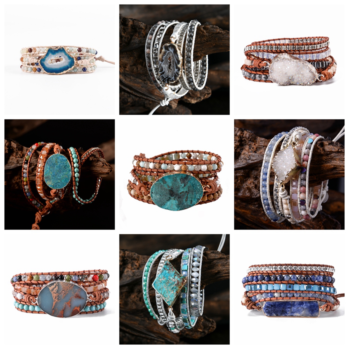 Unique Mix Strands Leather Bracelet Multicolor Natural Stone Woven Wrap Bracelets Bohemian Bracelet Drops Hipping