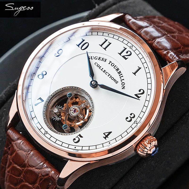 Sugess-Relógio Masculino Genuine Tourbillon Business, ST8000 movimento, luxo esqueleto relógios mecânicos, Sapphire relógios de pulso, originais