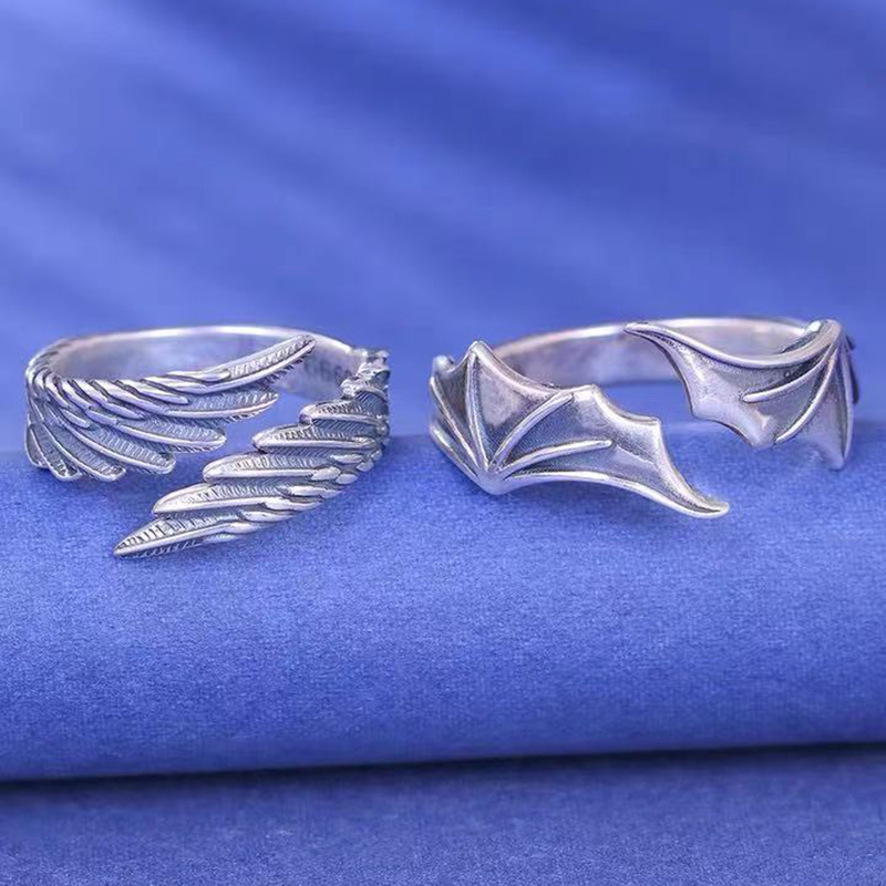 2 ชิ้น/เซ็ต Punk Angel ปีศาจปีกคู่แหวนผู้หญิง Retro Silver สี Feather เปิดแหวนเครื่องประดับงานแต่งงานของขวัญวาเลนไทน์