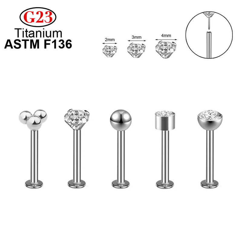 G23 ASTM F136 ขายส่งเกลียว Push Pin Labret สตั๊ดไทเทเนียมเจาะจมูกหู Lip เครื่องประดับ