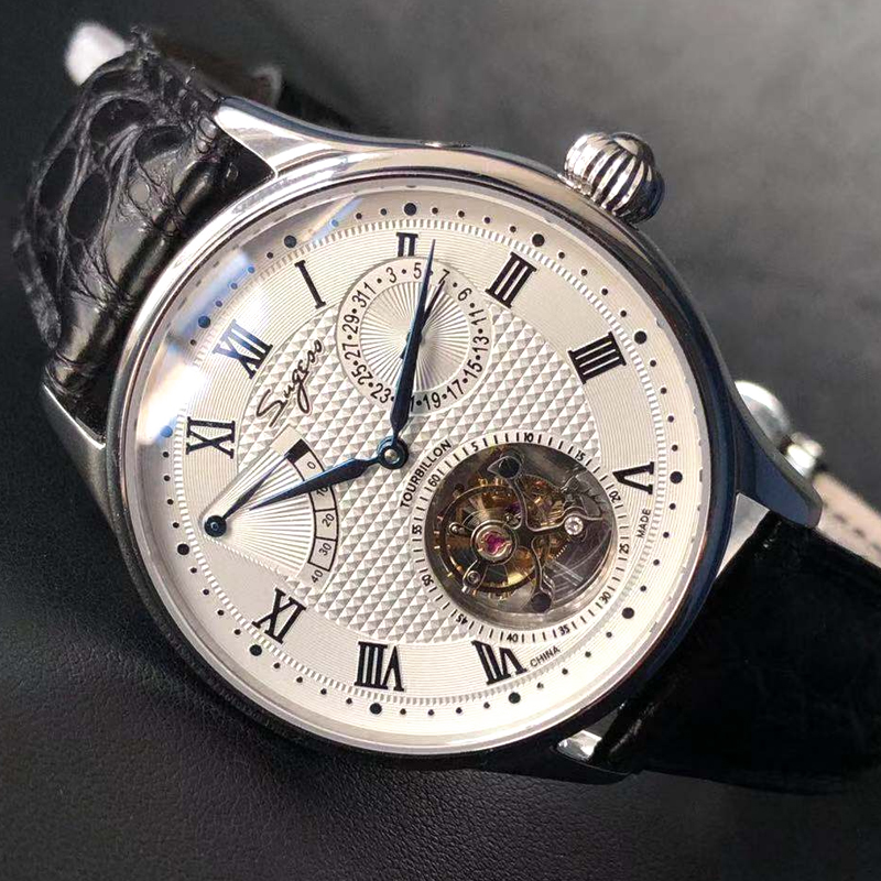 Sugess Real Tourbillon Watch Genuine Original ST8001 Movement Mens Calendar Skeleton Gold Diamond Watches Hand Winding S398