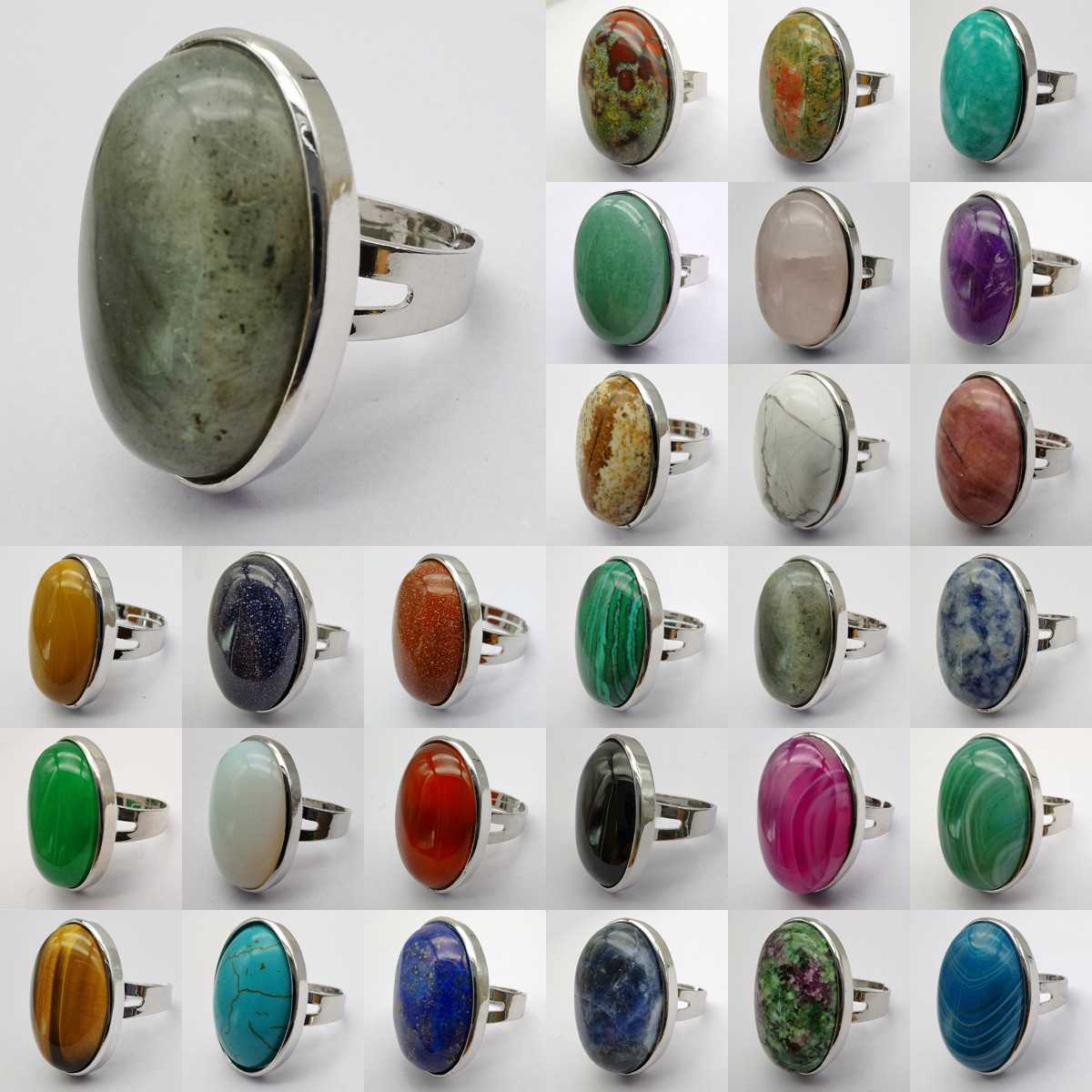 Labradorite/Amazonite/Aventurine/Tigereye/batu akik/kristal/Opal/Lapis/Mookaite batu manik-manik Oval permata cincin jari perhiasan ukuran 8-9