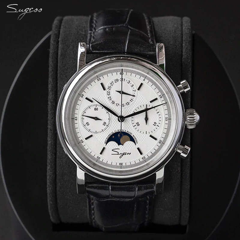 Relógio Masculino Sugess com Movimento Original ST1908, Calendário Mecânico, Cronógrafo Vintage, Fase Lunar, à Prova d'Água, com Safira