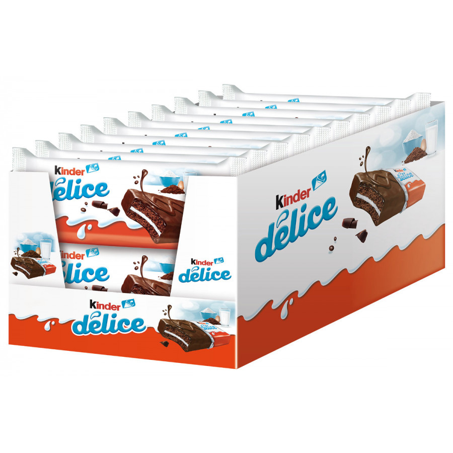 Bolo de Cacau Kinder Delice, 20 Unidades de 39g de Bolo Puff Esponja, Feito com Leite, Farinha e Ovos, Coberto com uma Camada Fina de Chocolate com Leite, Delicioso e macio