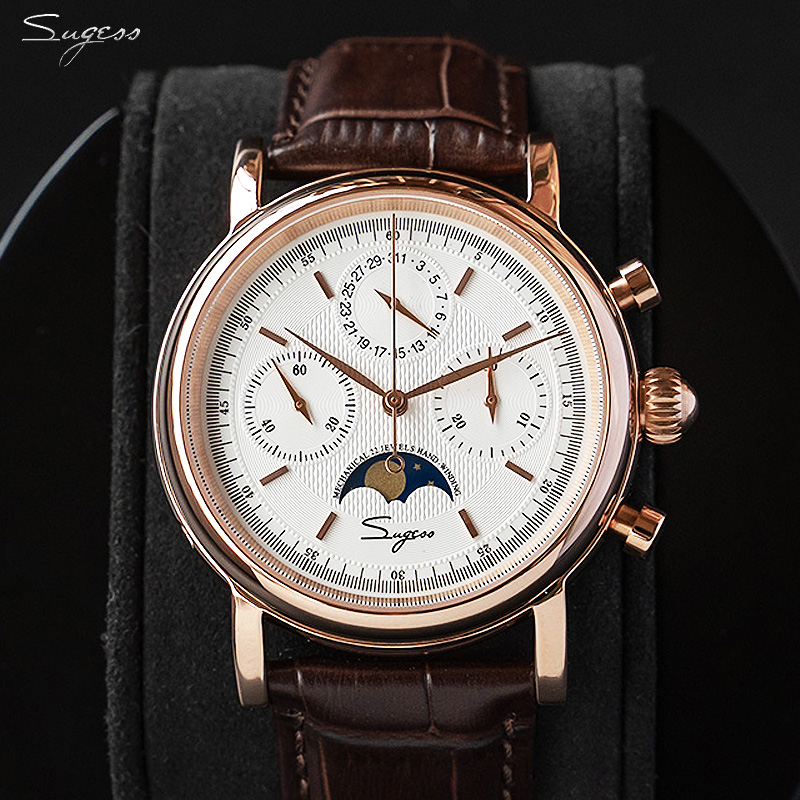 Sugess-relógio mecânico para homens, movimento original cronógrafo, moonphase vintage, pulseira de couro genuíno, impermeável, ST1908, 50ATM, ST19