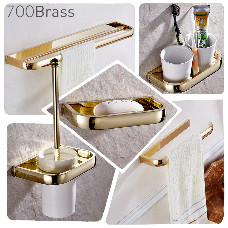 Juego de accesorios de baño de lujo para ducha, anillo de toalla, soporte de papel, gancho para abrigo, cepillo de inodoro, oro pulido, Hardware de baño