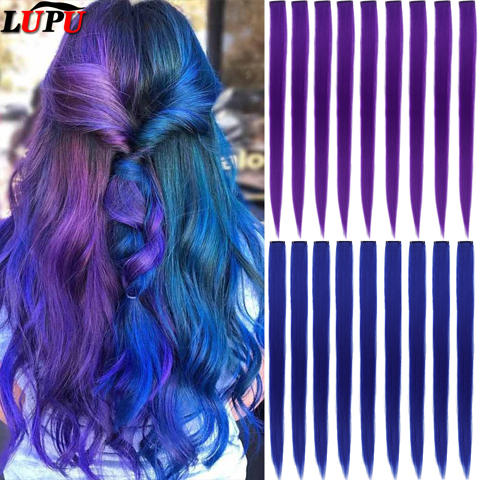 LUPU-Extensión de cabello sintético con Clip para mujer, extensión de cabello liso ombré colorido, postizo de fibra resistente al calor